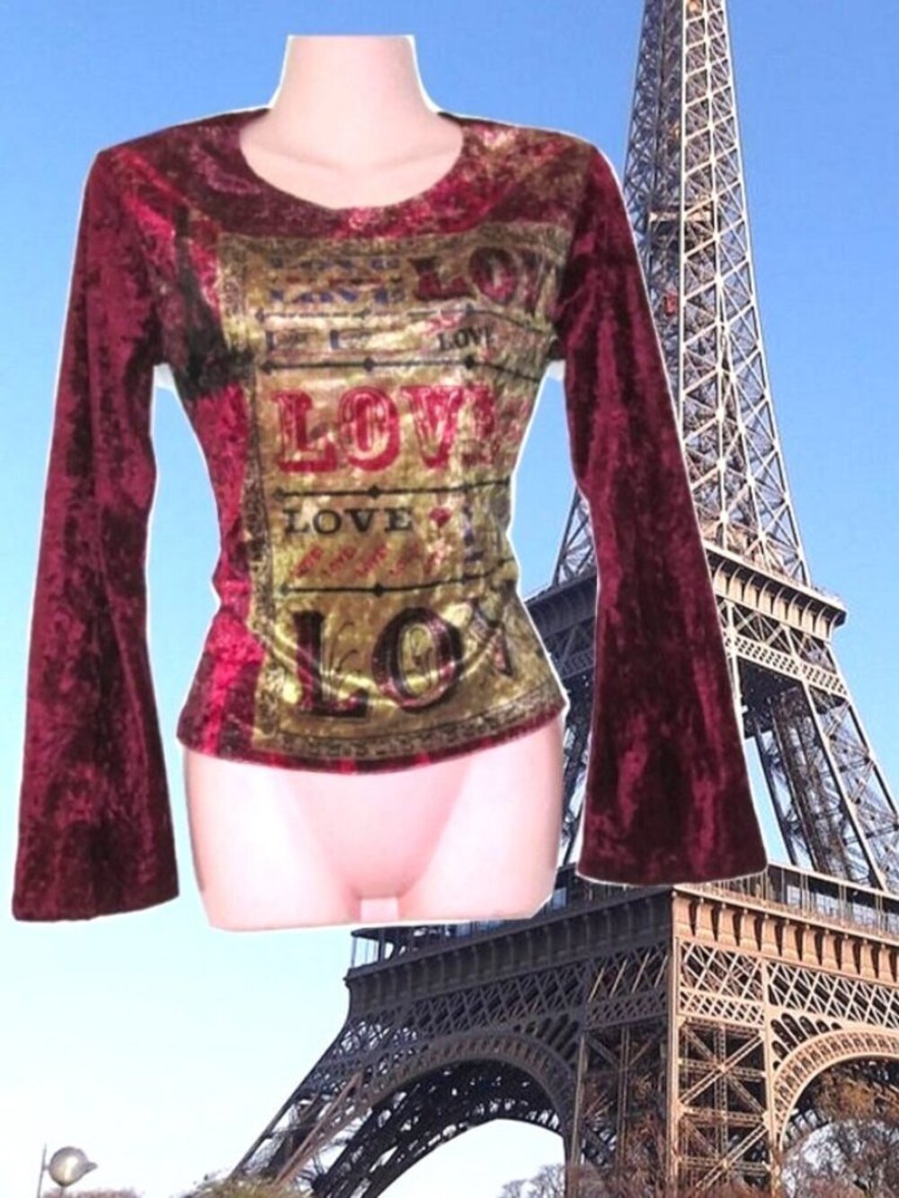 y2k 1990s vintage velvet paris boho angel bell sleeve shirt size small